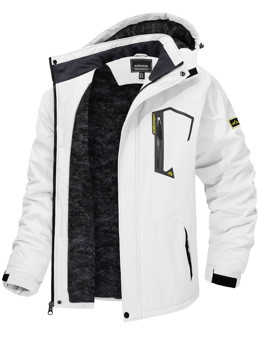 Men’s winter ski jacket with hood, insulated fleece lining, water-resistant shell—white/black