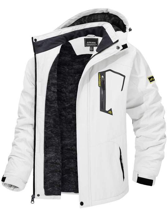 Men’s winter ski jacket with hood, insulated fleece lining, water-resistant shell—white
