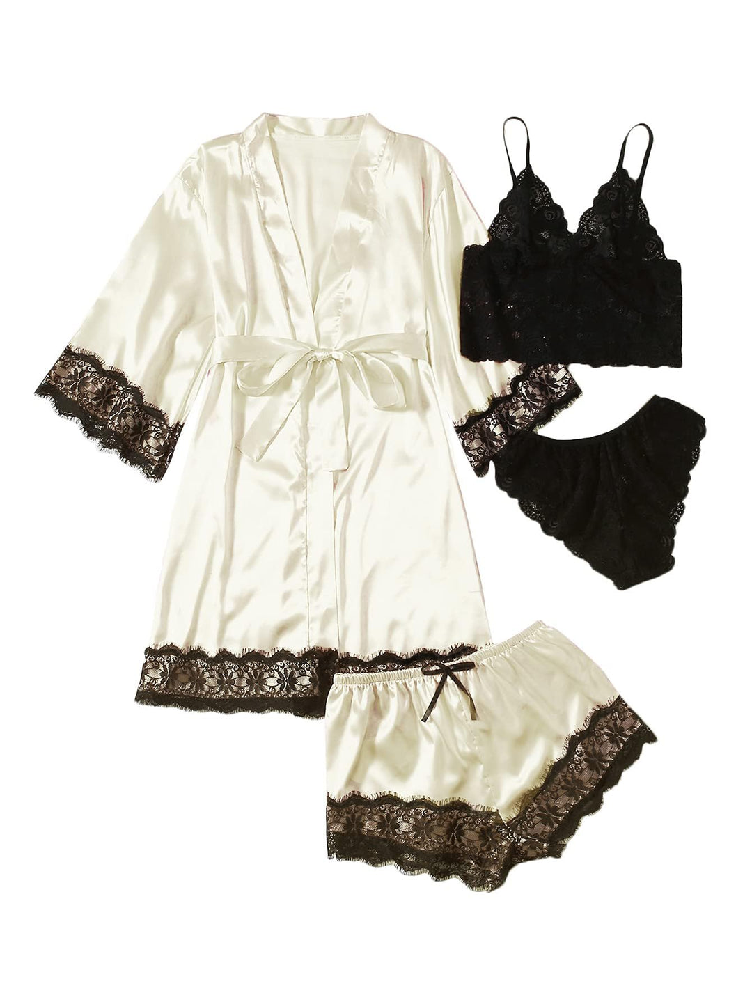 Ivory satin pajama set with black lace cami, briefs and robe with lace trim