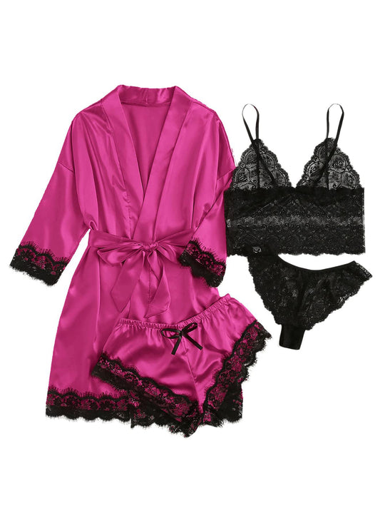 Hot pink satin pajama set with black lace cami, panties and matching robe