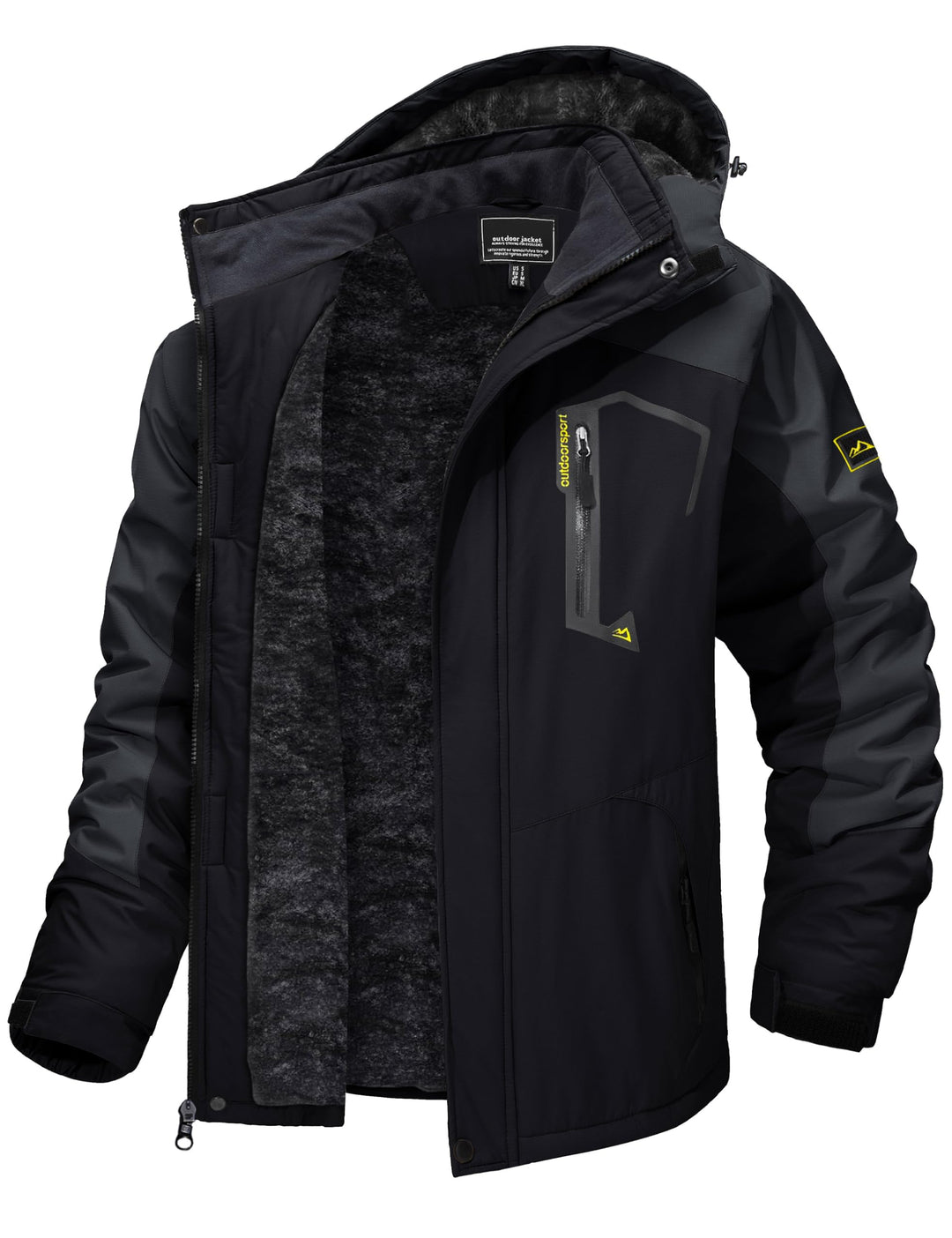 Men’s winter ski jacket with hood, water-resistant insulated fleece lining, black