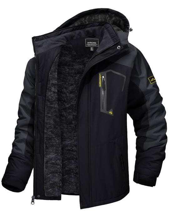 Men’s winter ski jacket with hood, dark black-gray exterior and dark fleece lining