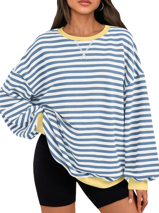 Oversized crewneck sweatshirt, white and light-blue stripes, yellow ribbed cuffs