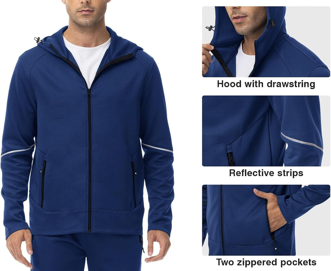 Dark blue hooded zip track jacket and jogger pants, reflective stripe details