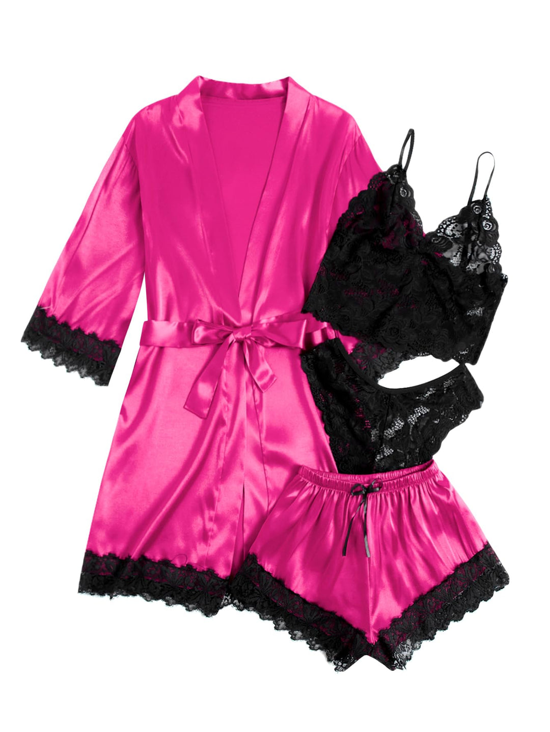 Seiden-Satin Pyjama-Set mit Spitze: pinker Kimono, schwarzes Spitzen-Bustier und Shorts
