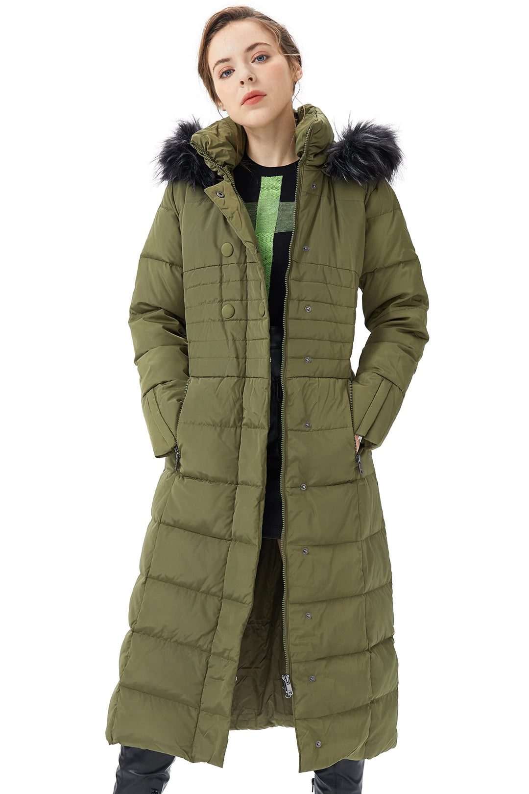 Armygreen long puffer coat with fur-trim hood and front zipper
