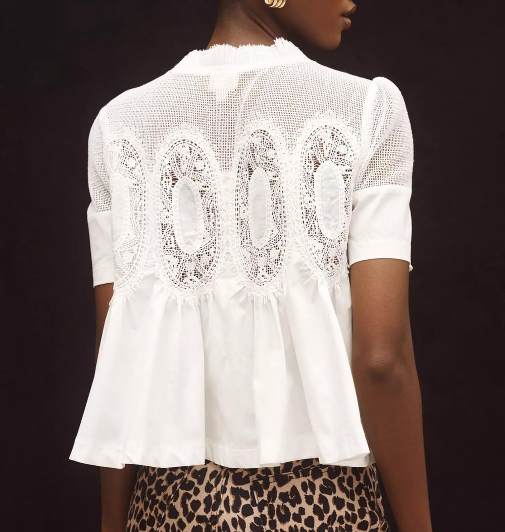 VAOYIU Women Lace-Detail Flared Blouse Short-Sleeve Crew Neck Lace Poplin Mesh Swing Top Elegant Loose Intricate Back Design