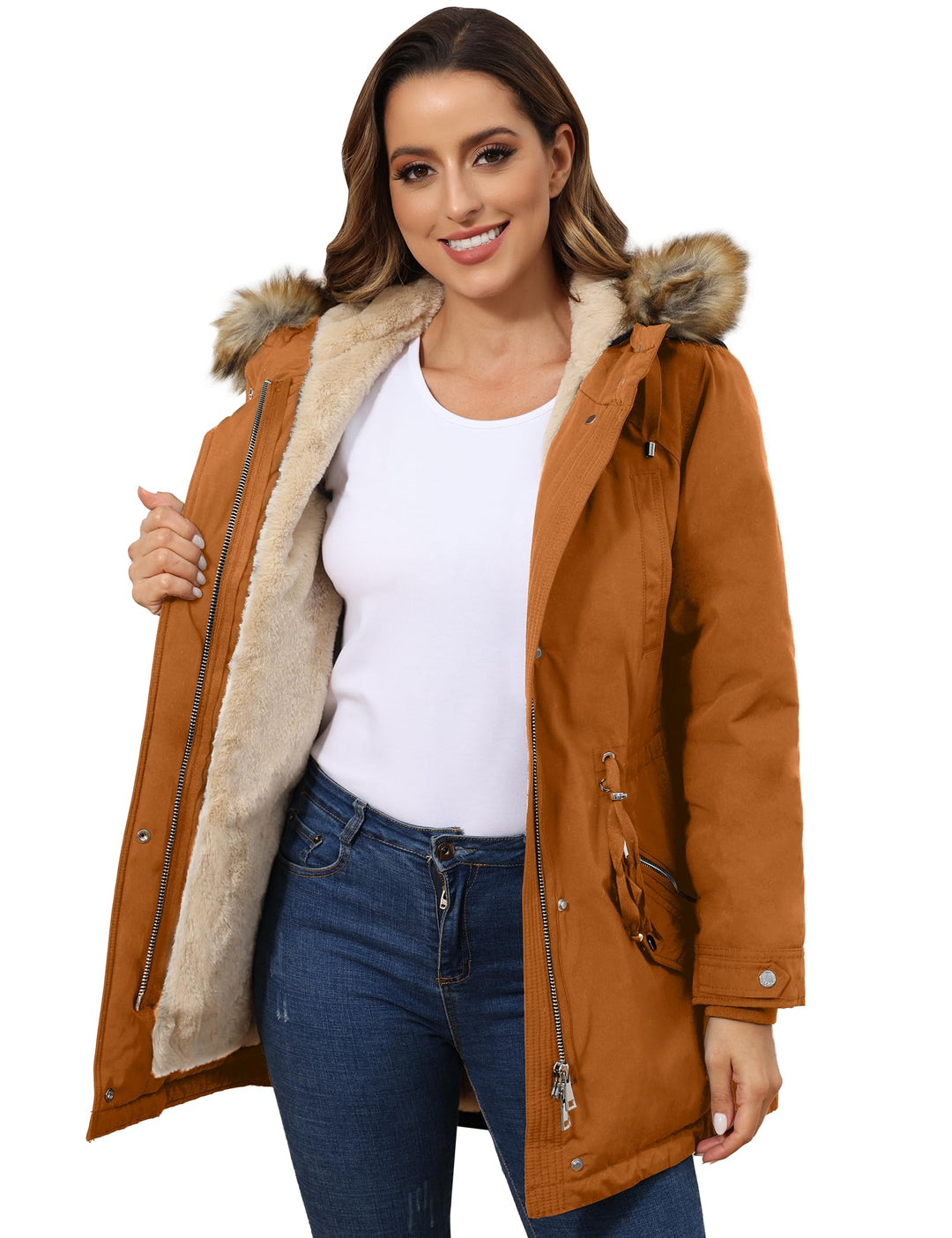 Ginger hooded winter parka with sherpa lining, faux fur trim, zip front, side pockets
