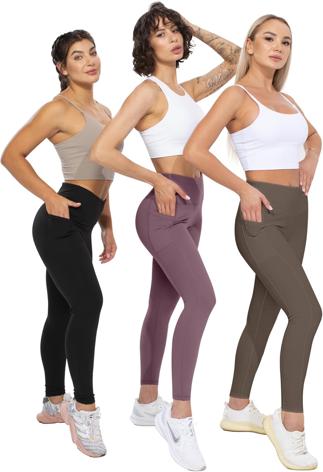 Pocket Leggings in Schwarz, Pflaume und Oliv, blickdichtes Stretchmaterial