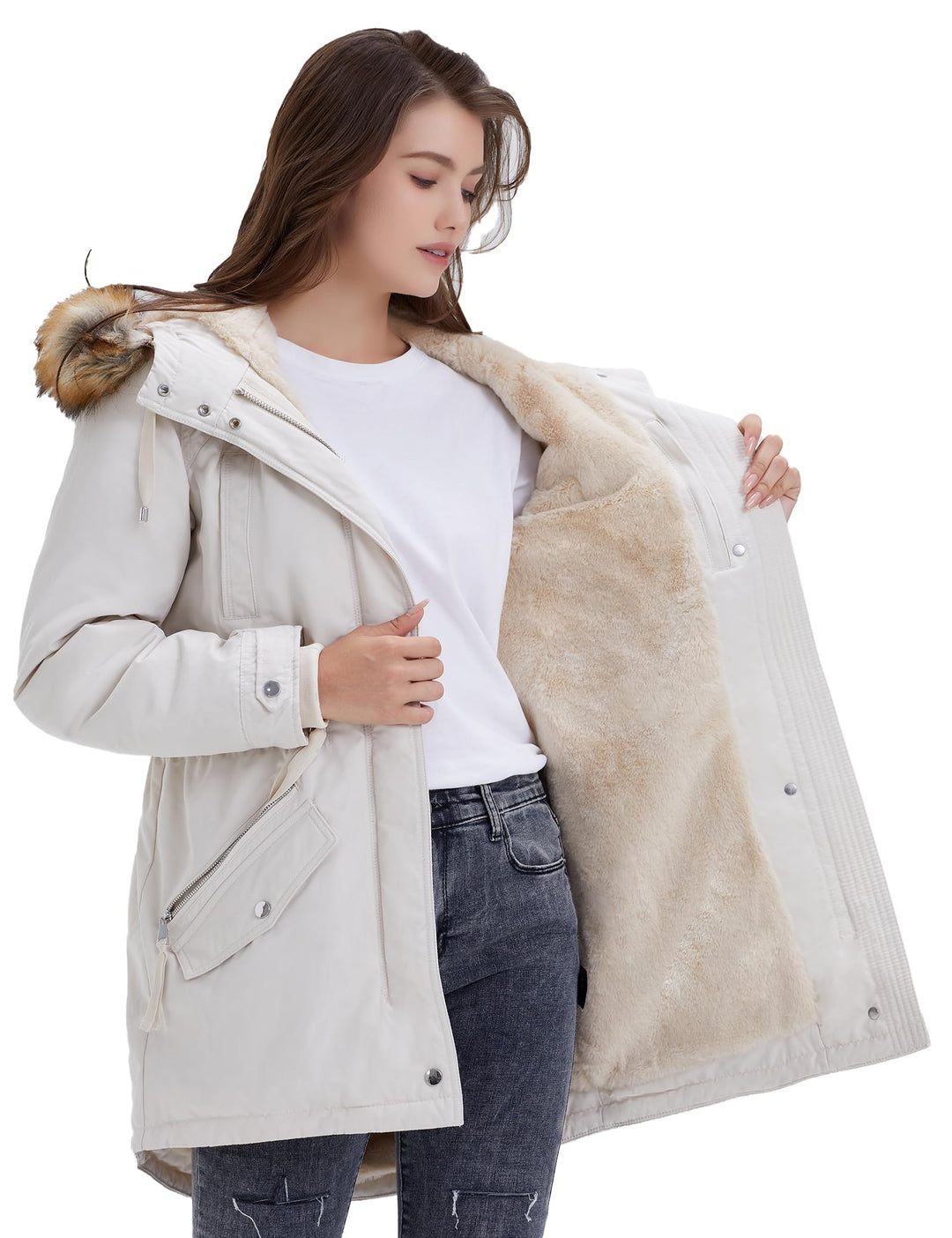 Off-white hooded winter parka with fleece lining and faux-fur trim, zip front pockets