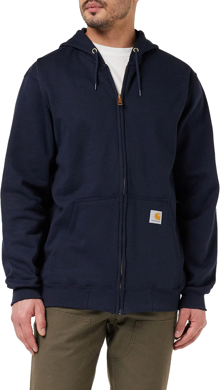 Carhartt loose-fit midweight full-zip hoodie sweatshirt, navy, front pockets and drawstring hood
