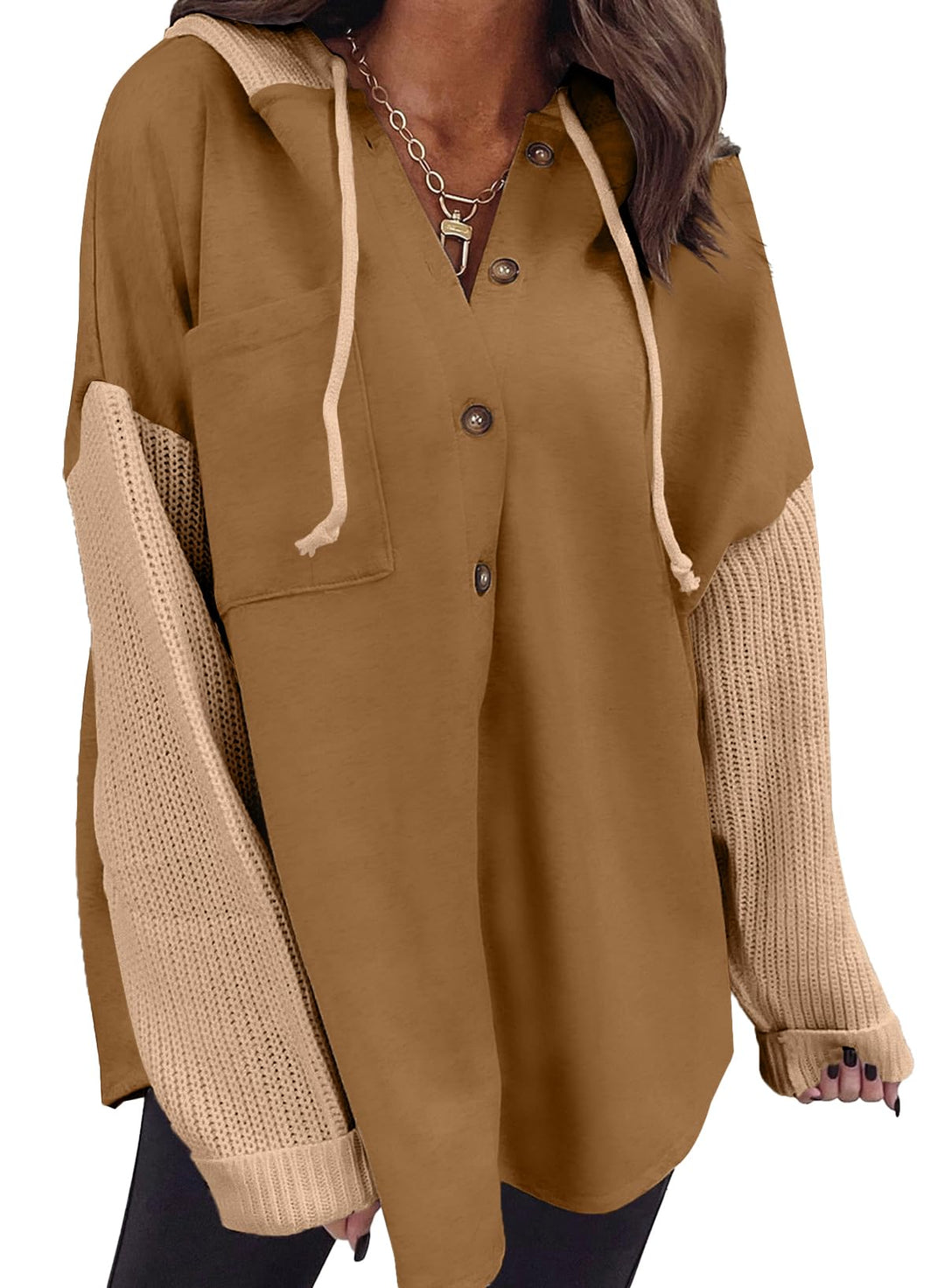 Oversized button hoodie in brown with hood and front pocket