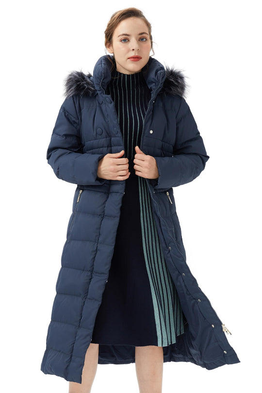 Orolay warm down jacket with hood fur trim, navy long puffer coat