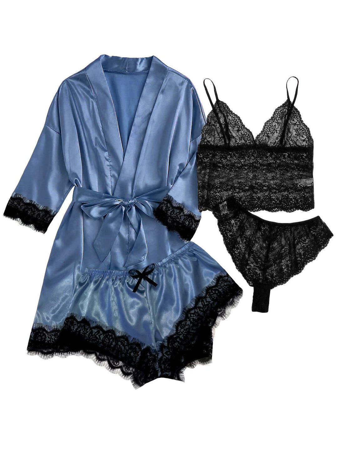Blaues Satin-Pyjama-Set mit Spitze: Kimono-Robe, schwarzes Spitzen-Bustier und Shorts