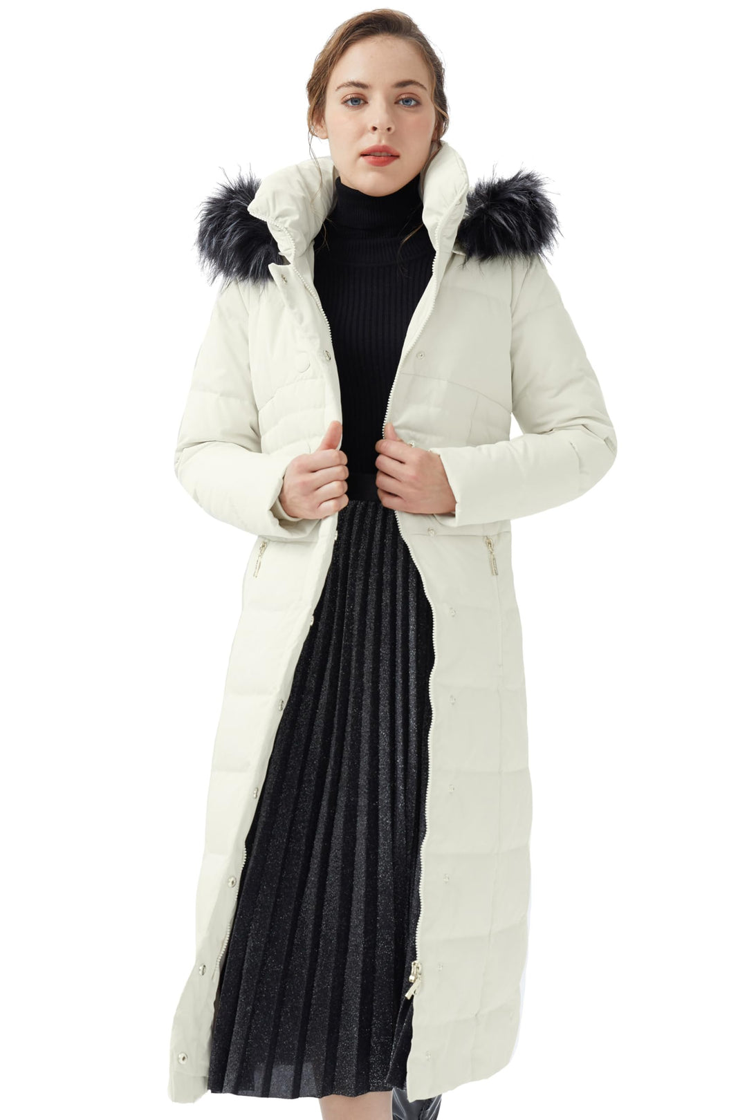 Orolay long puffer parka in white with hood fur trim, zip front and insulated quilting