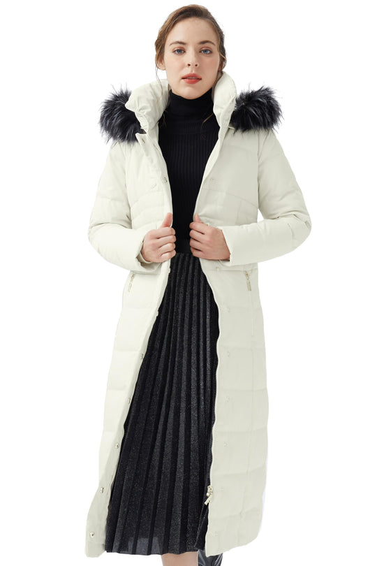 Orolay long puffer parka in white with hood fur trim, zip front and insulated quilting