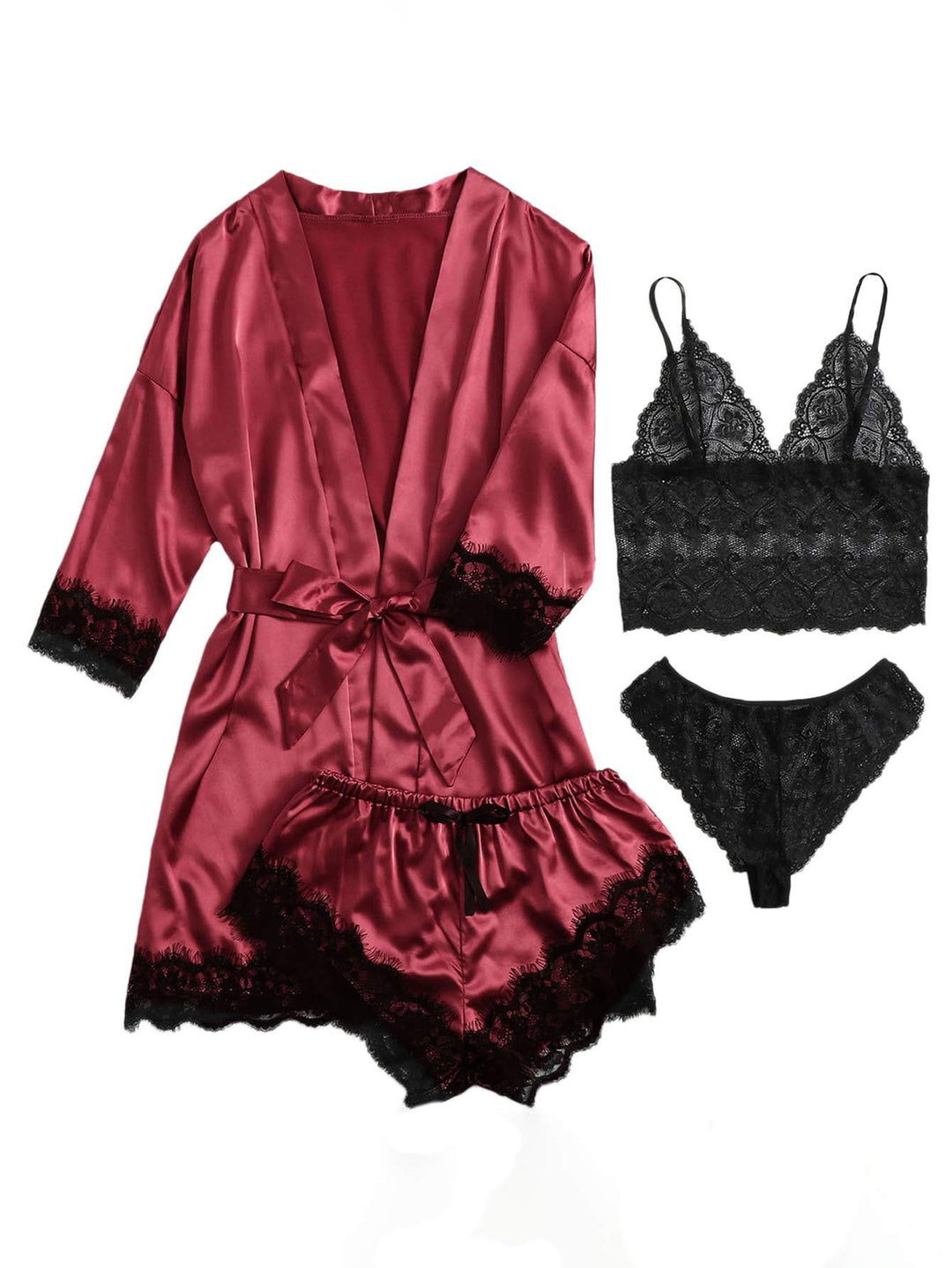 Silk satin pajama set: mauve robe with black lace cami and lace-trim shorts