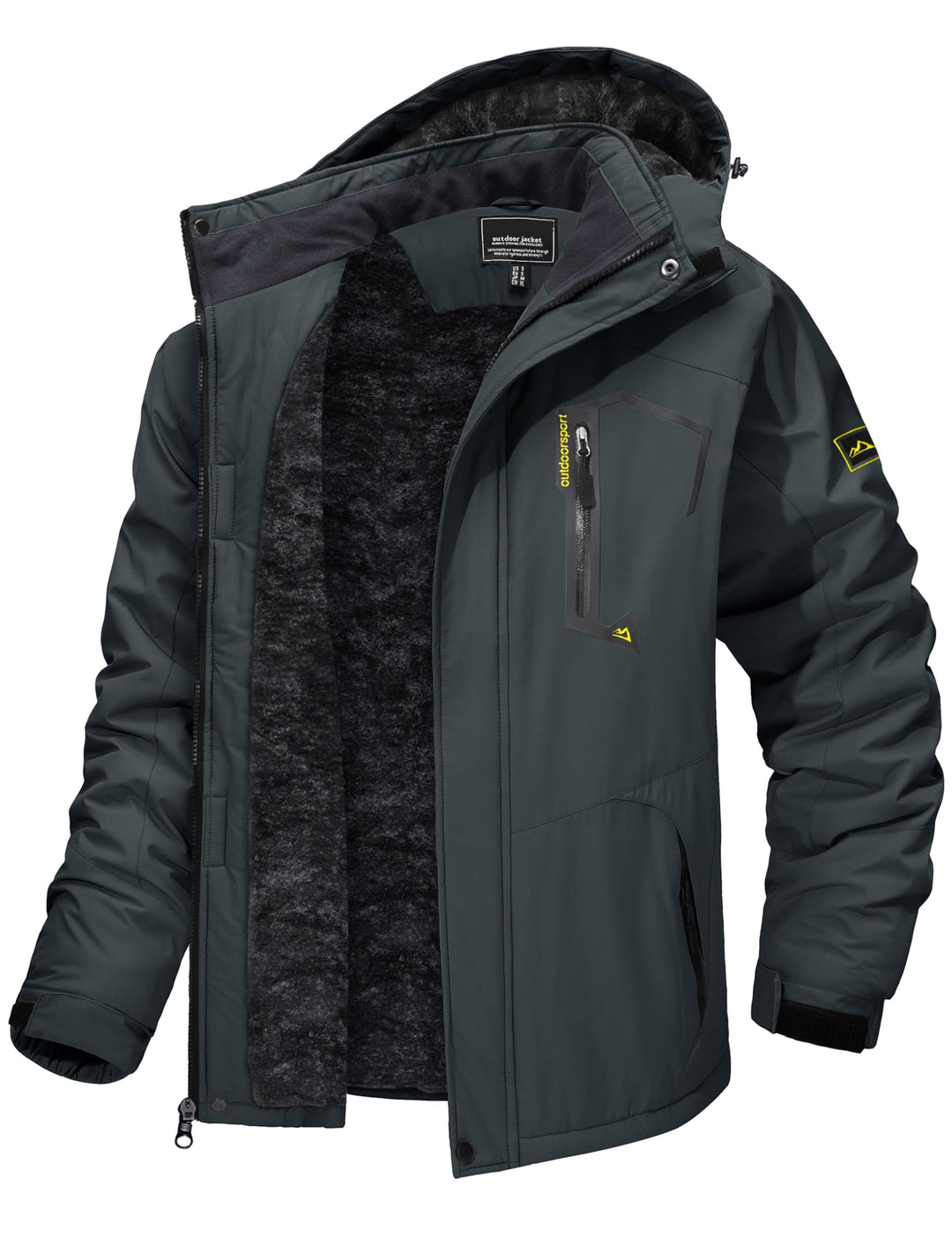Men’s ski jacket, dark green/gray, hooded, zip front, fleece lining visible