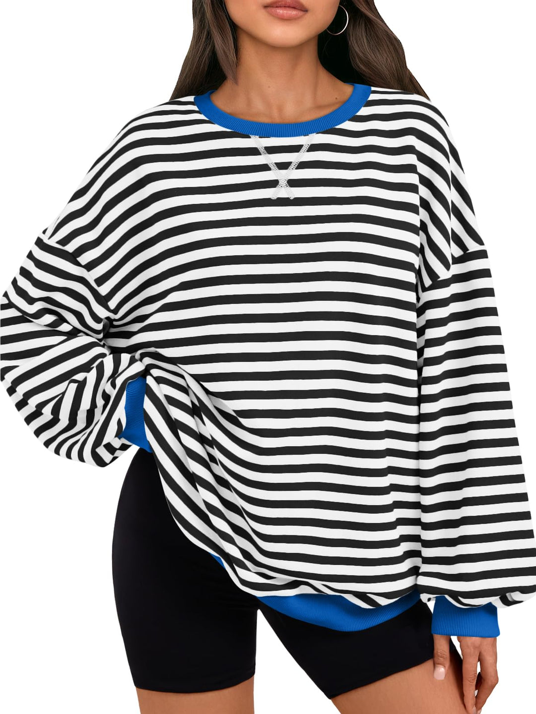 Black-and-white striped oversized sweatshirt, crew neck with lace detail, blue cuffs