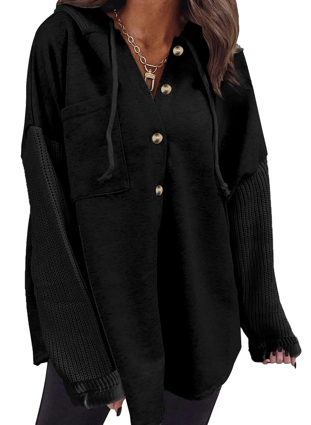 Black oversized button hoodie with hood drawstring, front buttons, and kangaroo pocket