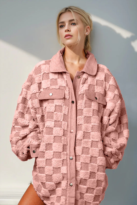 Dusty pink fuzzy checkered shacket: button-up front, point collar, flap chest pockets