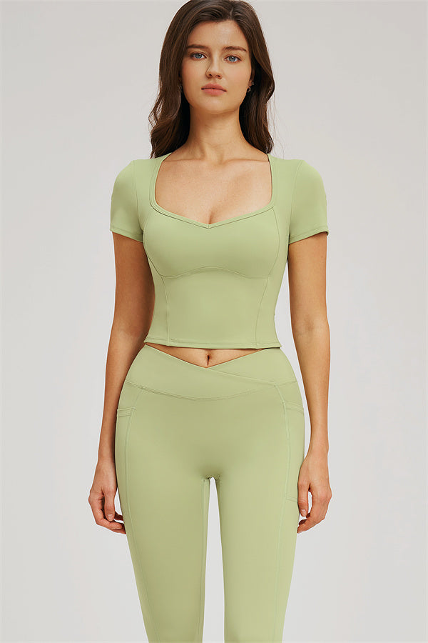 Light olive green cropped scoop-neck T-shirt and high-waist leggings set
