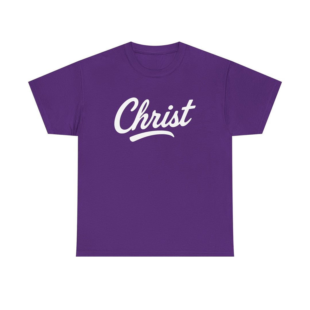 Purple unisex T-shirt with "Christ" script graphic on front
