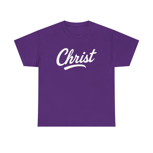 Purple unisex T-shirt with "Christ" script graphic on front