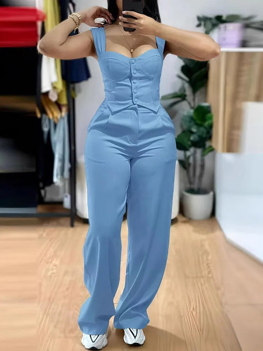 Chic Women Suit Y2k Sexy Two Piece Set Summer Sleeveless Slim Vest And Wide-leg Trouser Sets Elegant Solid Pants Women&