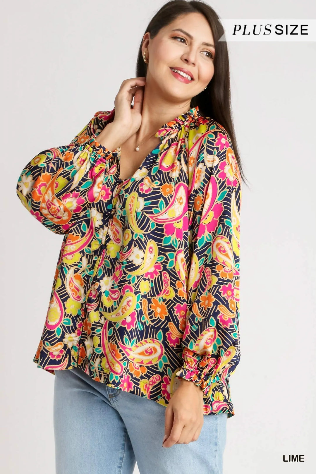 Multicolor paisley satin button-up shirt with ruffle neck and cuffed long sleeves