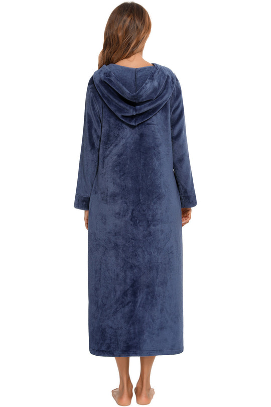 Navy zip-front hooded night dress, back view, long sleeves, midi length