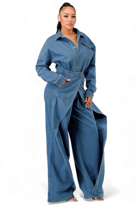 Denim draped wide-leg jumpsuit with collared neckline and side pockets, belted waist