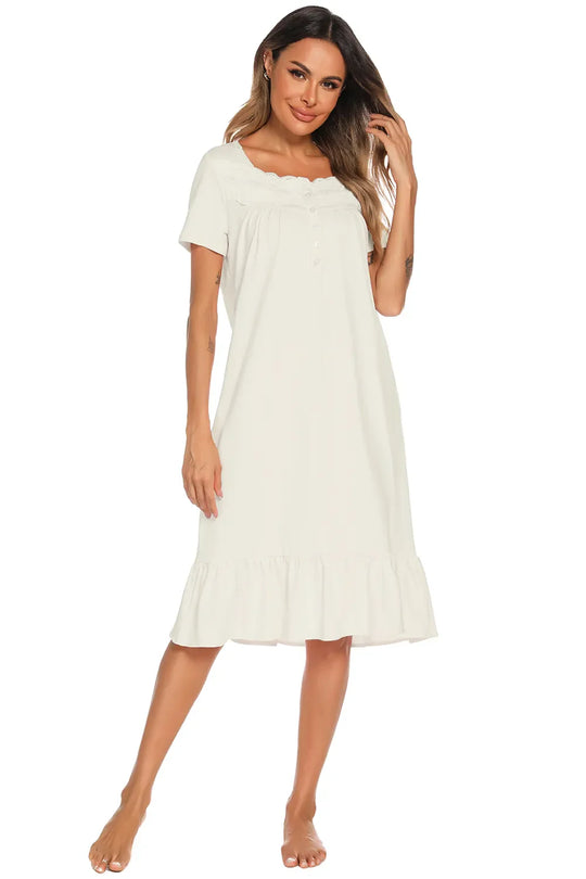 White lace-trim square neck lounge dress with short sleeves and tiered skirt