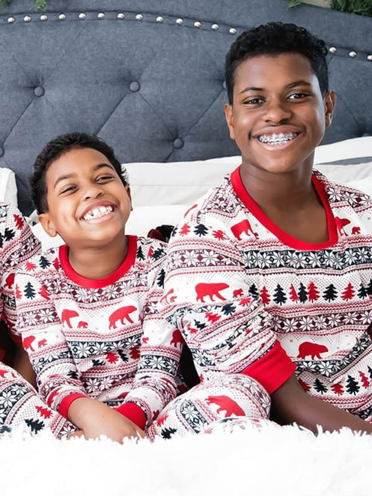 Christmas pajama set long sleeves and pants in red/white/black with reindeer and tree print