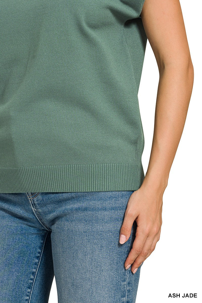 Ash Jade Kurzarm-Pullover mit Rippenbündchen am Saum, Detailansicht