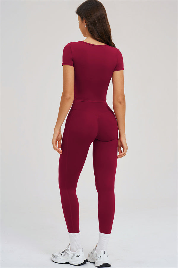 Burgundy T-shirt and leggings set, back view