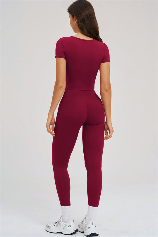 Burgundy T-shirt and leggings set, back view