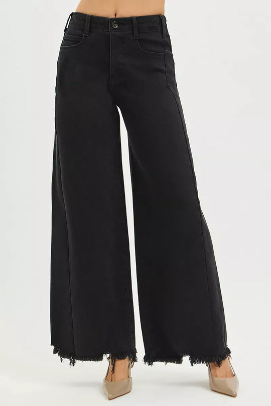 Black high-rise palazzo jeans, frayed hem and wide straight legs