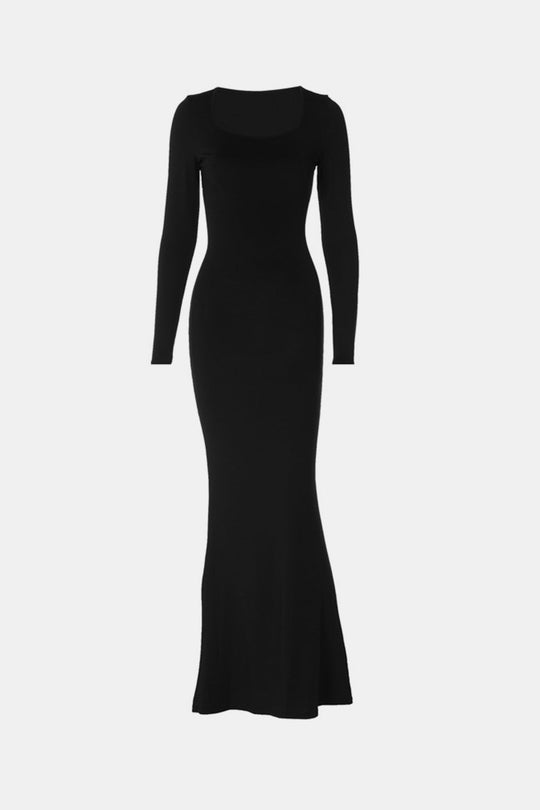 Black square-neck long-sleeve maxi shapewear dress, flat design front view