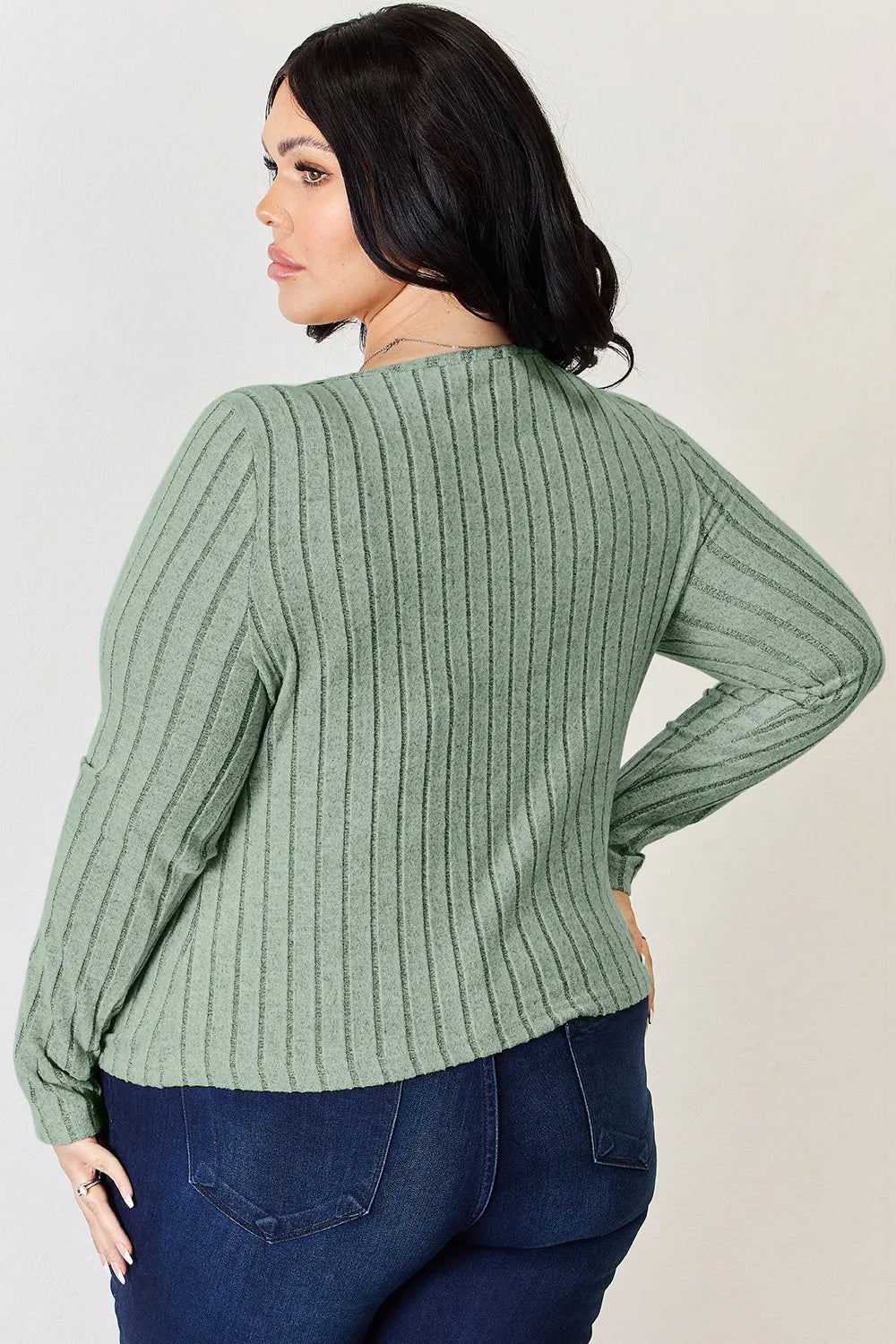 Light green ribbed long-sleeve T-shirt, back view with vertical ribbing