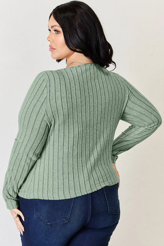 Light green ribbed long-sleeve T-shirt, back view with vertical ribbing