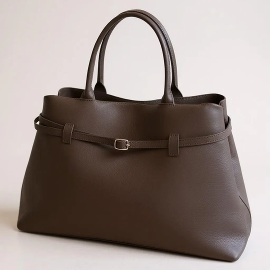 Chocolate-brown belt tote bag with center buckle strap and structured top handles