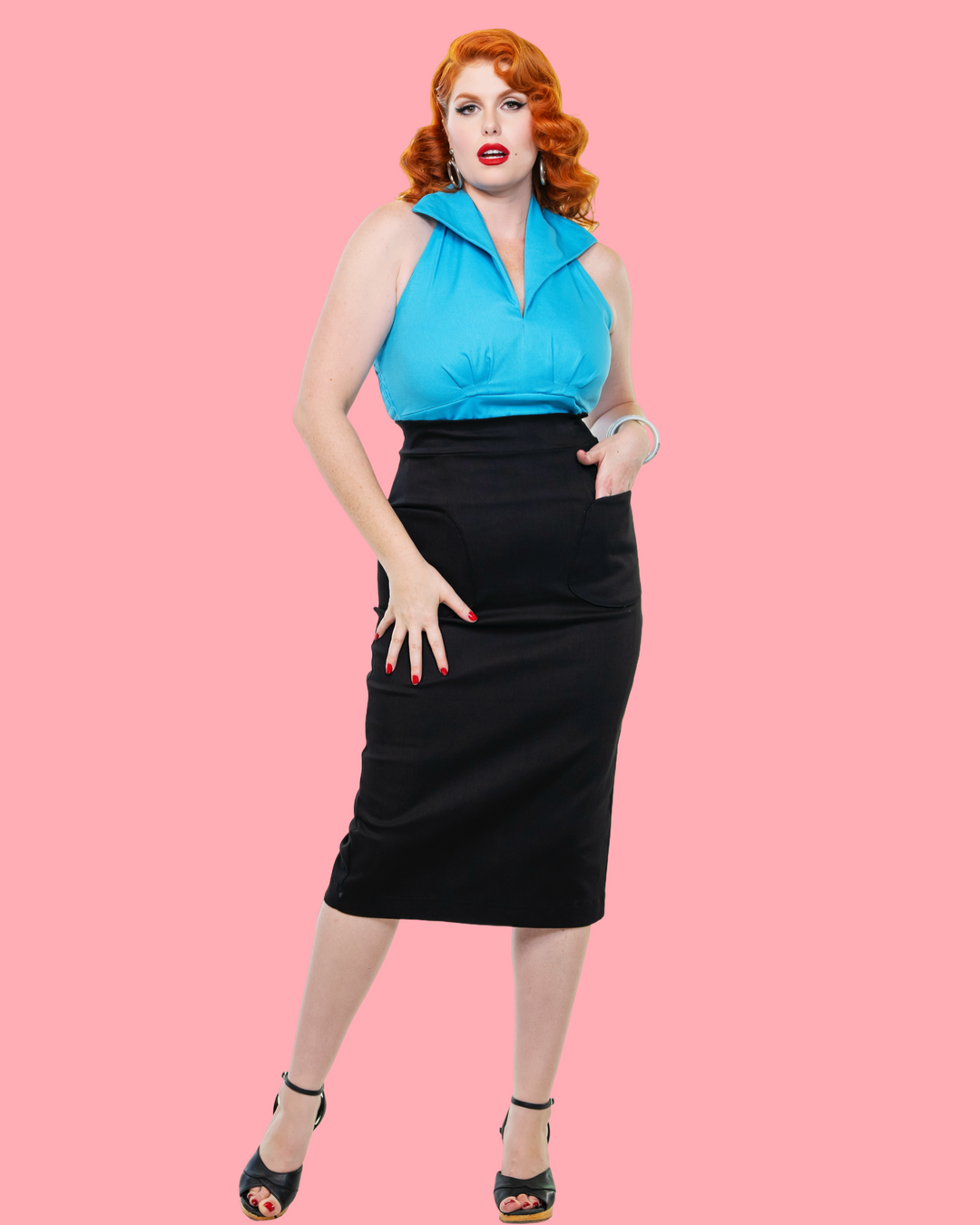 Classic Skirt &amp; Bolero Set: turquoise sleeveless top with black open bolero and midi skirt