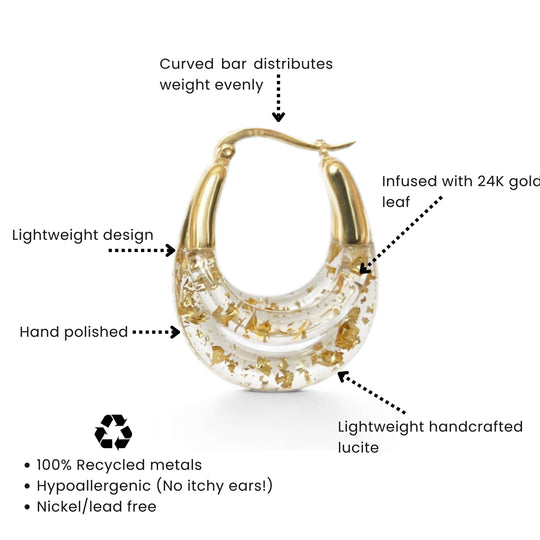 Triple hoop lucite earring with 24k gold leaf detail and lightweight curved bar