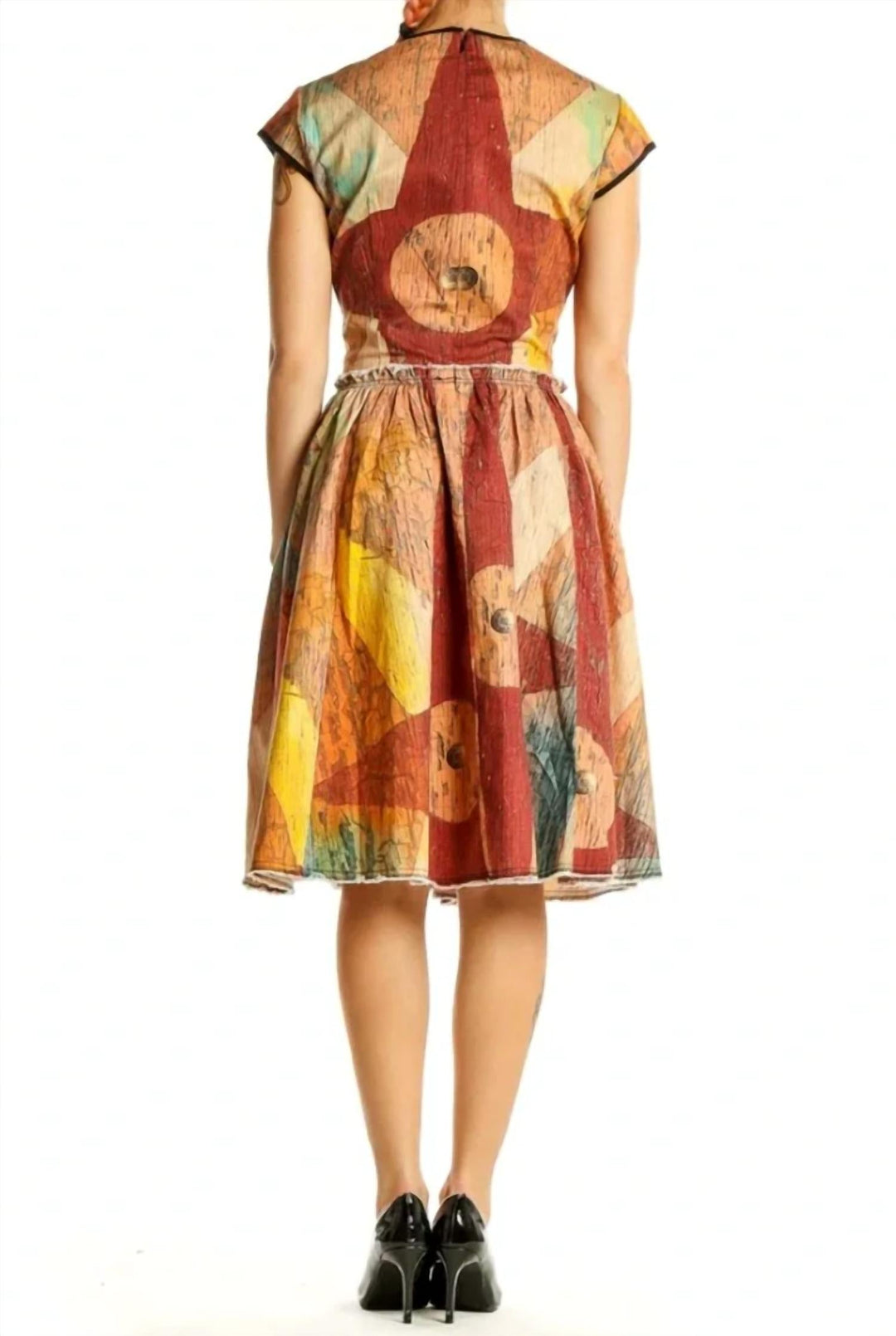 Women’s Carnival Patchwork Dress, Orange Multi, back view with gathered waist