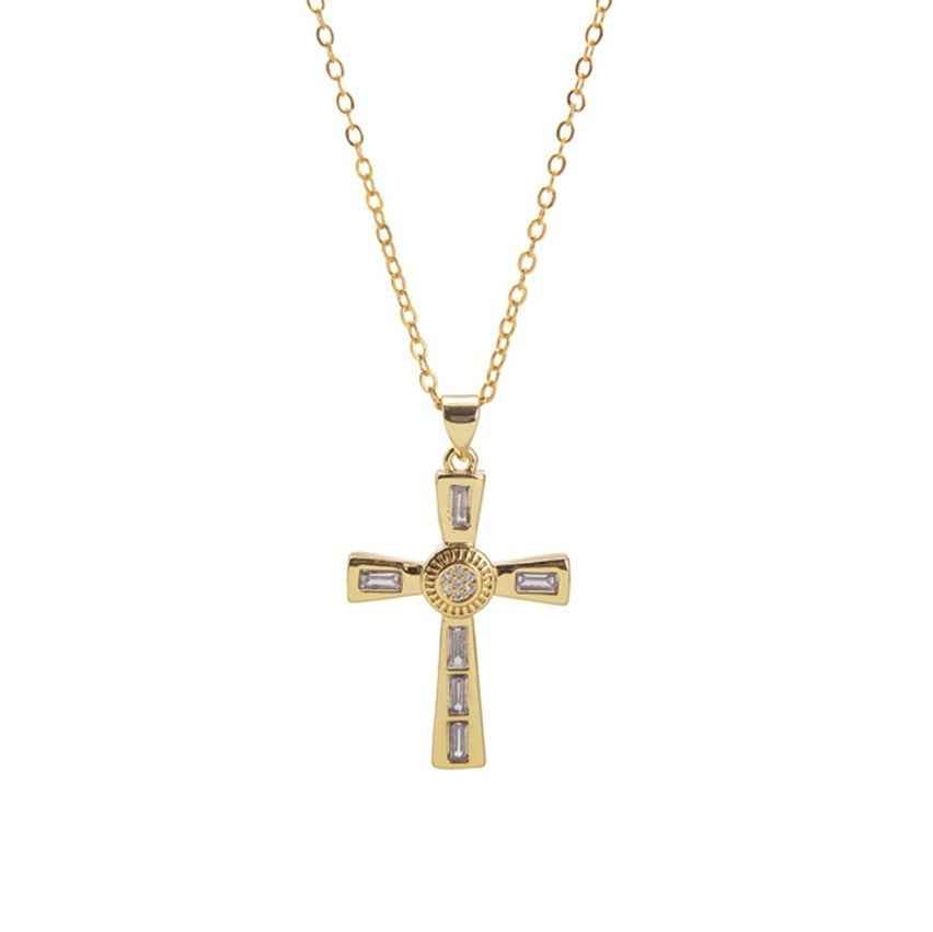 Goldfarbener Kreuz-Anhänger an feiner Kette, mit rundem Steinbesatz in der Mitte