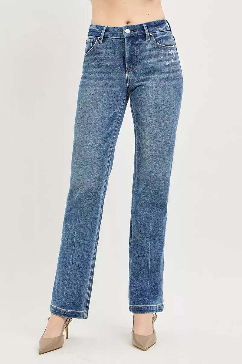 Medium wash straight jeans with center crease line, mid-rise, five-pocket style
