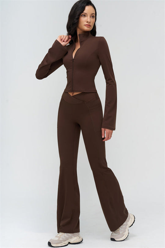 Bistre zip jacket and flared leggings set, high waist, brown