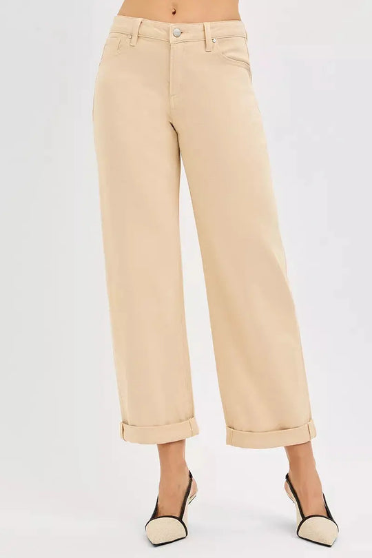 Butter milk mid-rise relaxed barrel jeans with button-fly and cuffed ankle hem