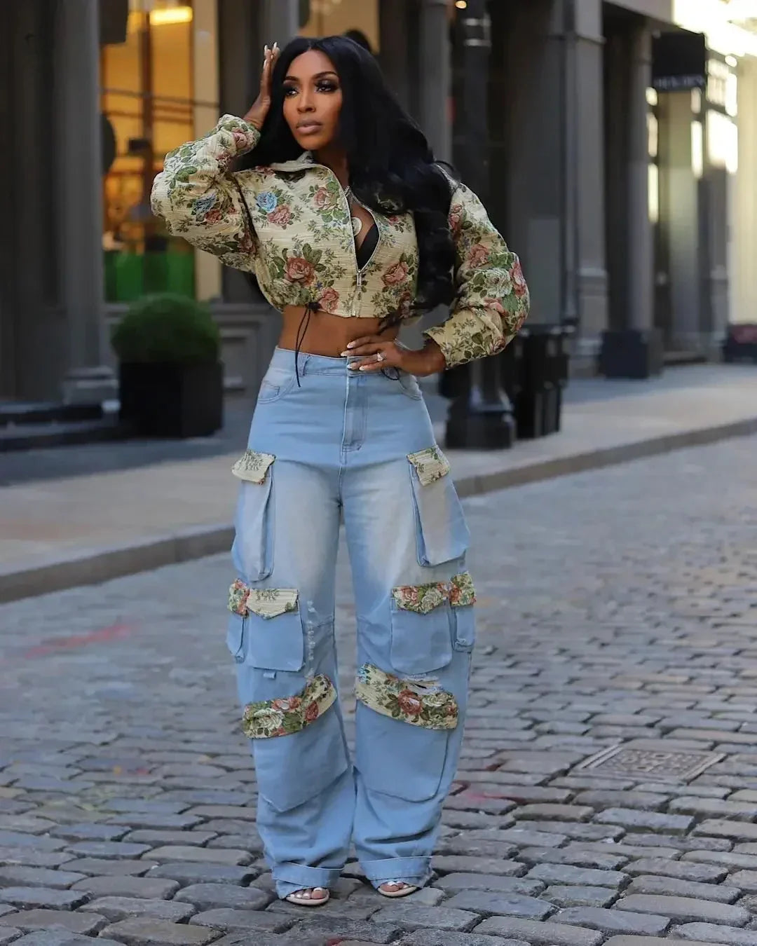 Floral washed-denim jacket and light-blue cargo jeans set with patch pockets